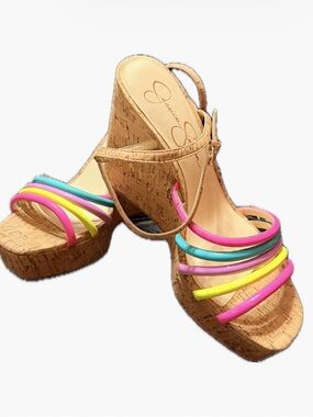 Jessica Simpson Cork Wedges with Neon Multi-Strap Detail